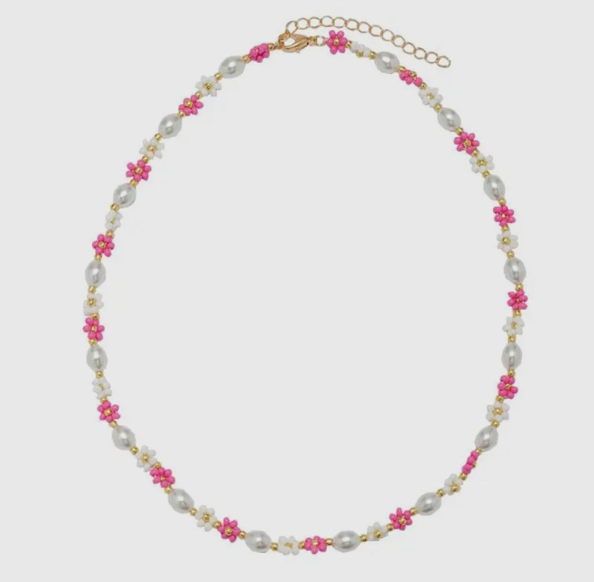 Girls Pink, White, Flower Beaded Necklace