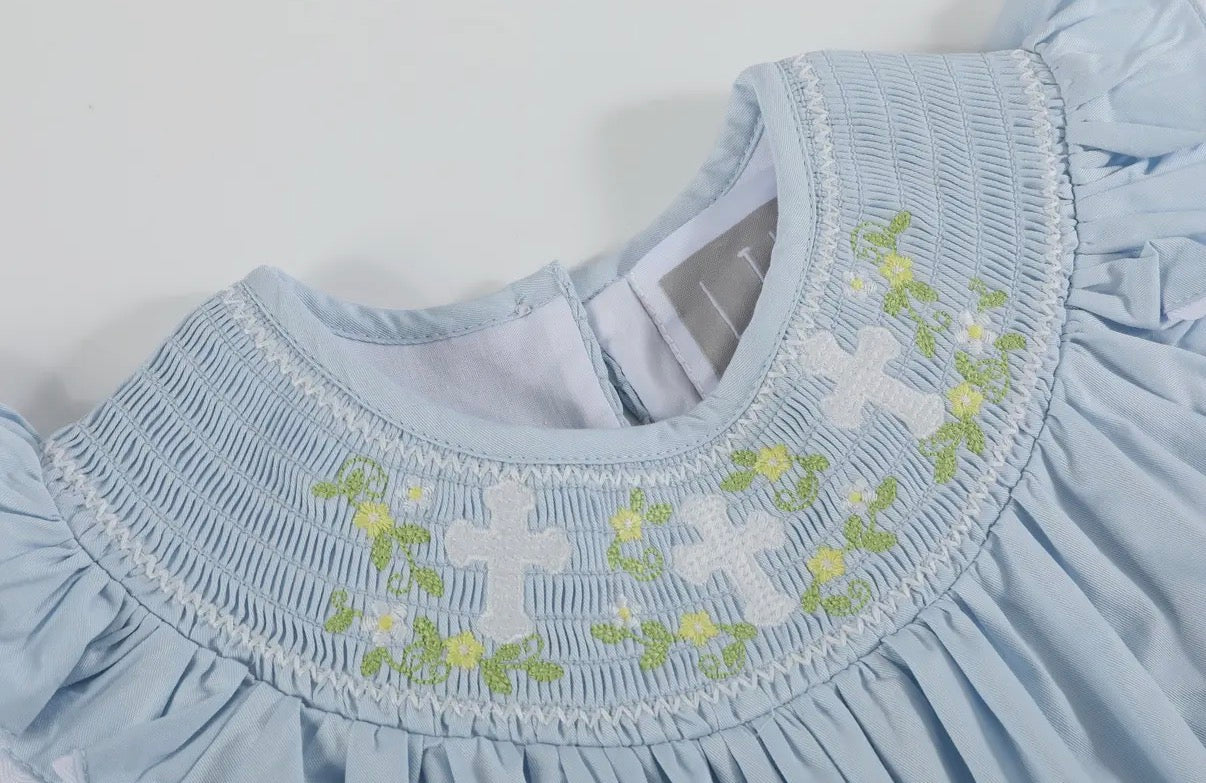 Blue Floral Cross Smocked Bishop Dress