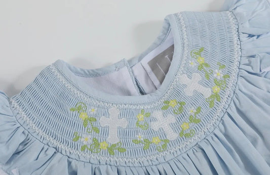 Blue Floral Cross Smocked Bishop Dress