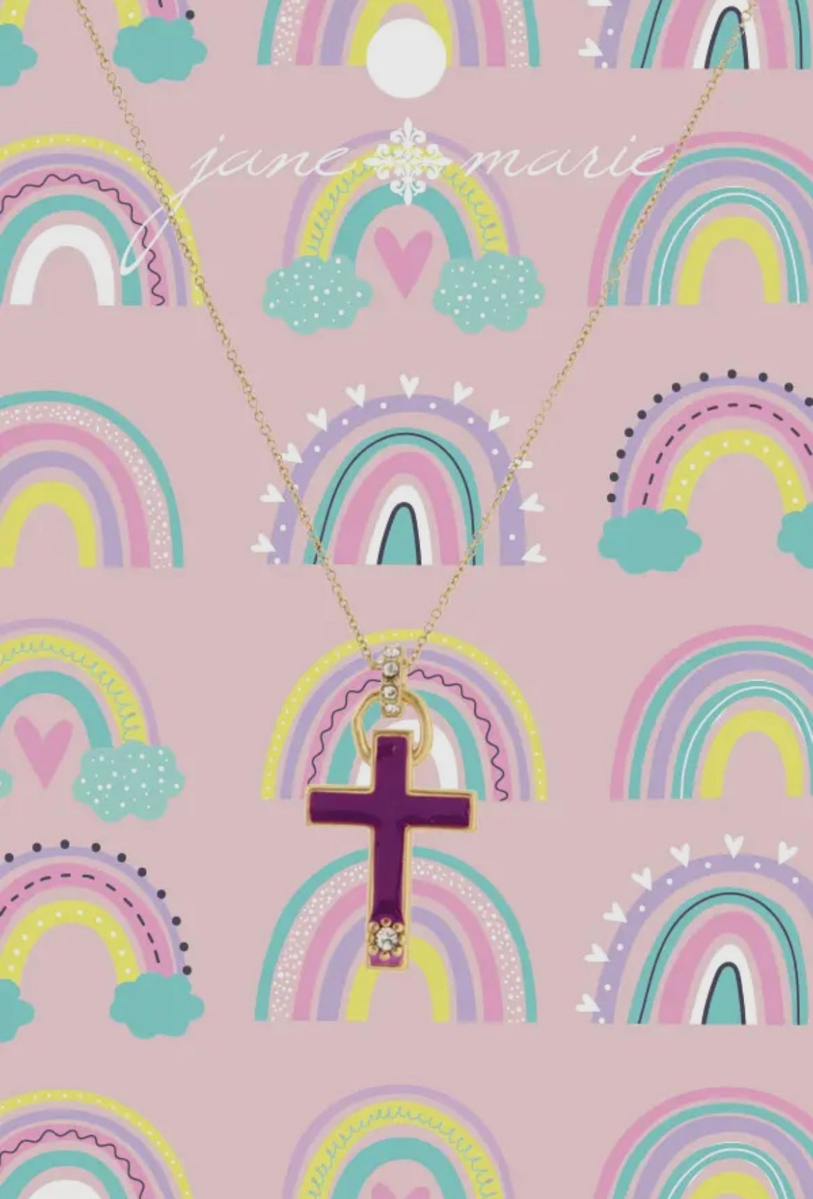 Girls Purple Cross Necklace with Rhinestones