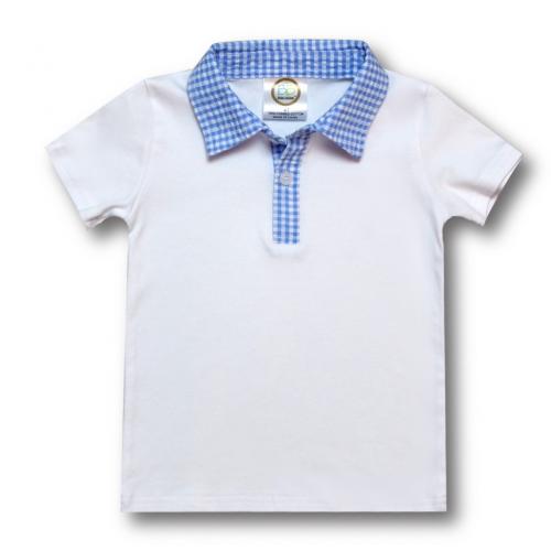 Short Sleeve Boys Collared Polo Style Shirt-Blue Seersucker Trim