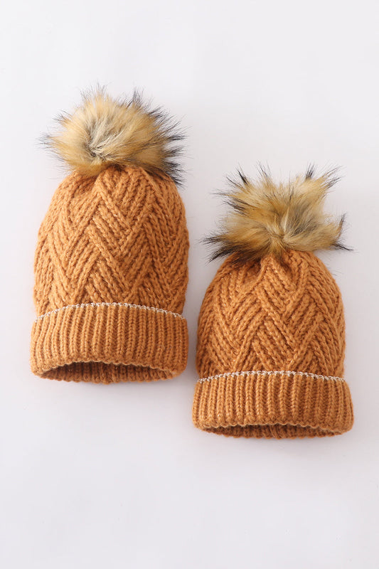 Camel cross cable knit pom pom beanie hat baby toddler adult