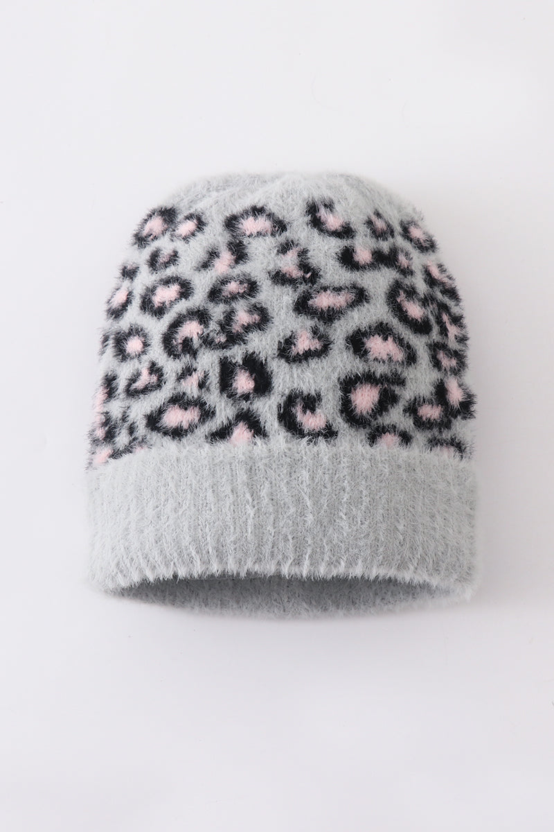 Grey leopard beanie hat toddler adult