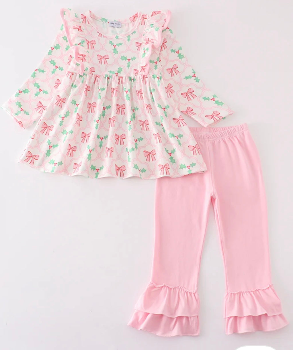 Pink Christmas Holly Bow Print Ruffle Set