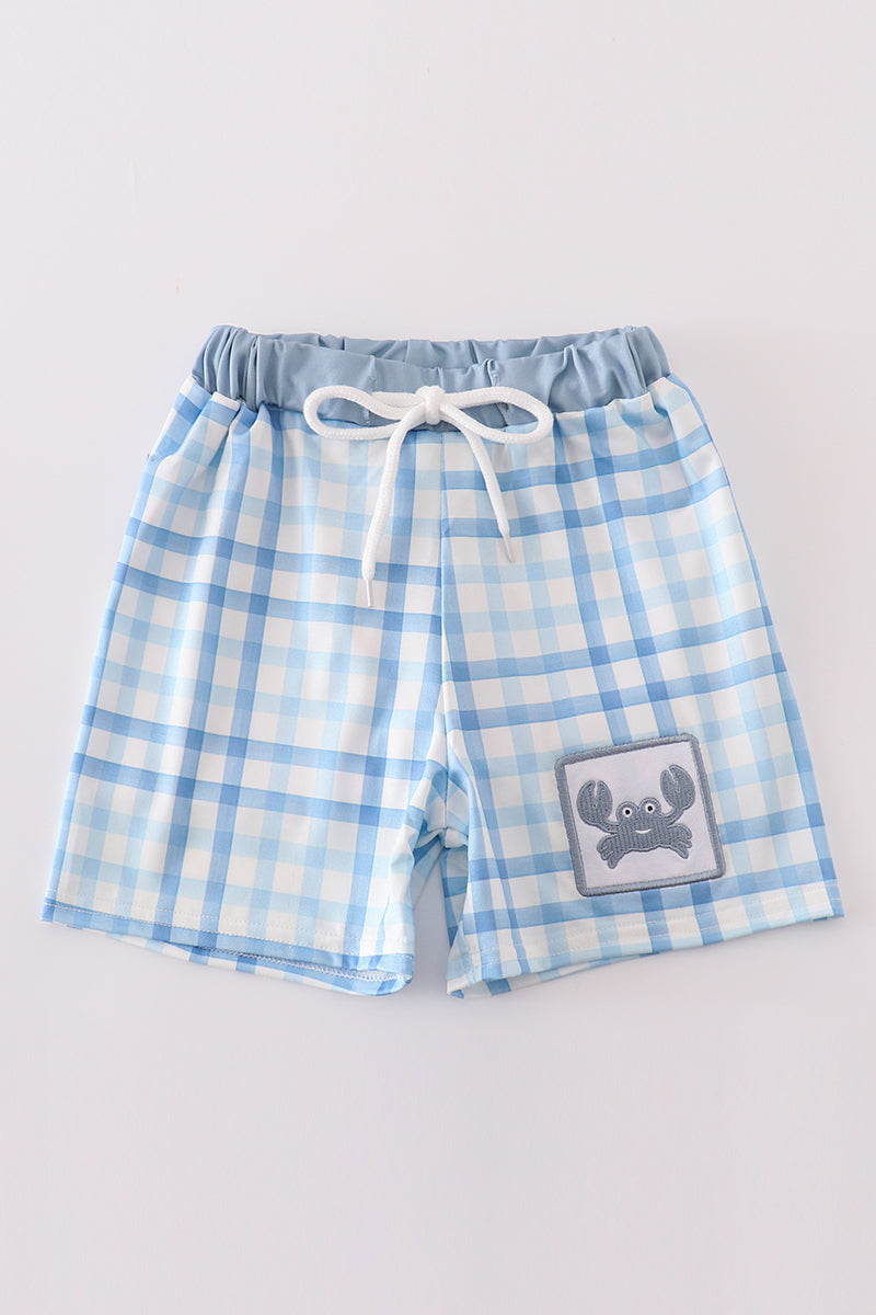 Blue plaid crab embroidery boy swim trunks