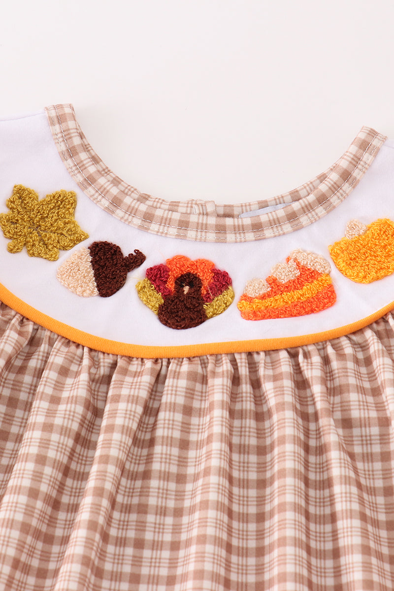 Brown plaid turkey french knot girl set