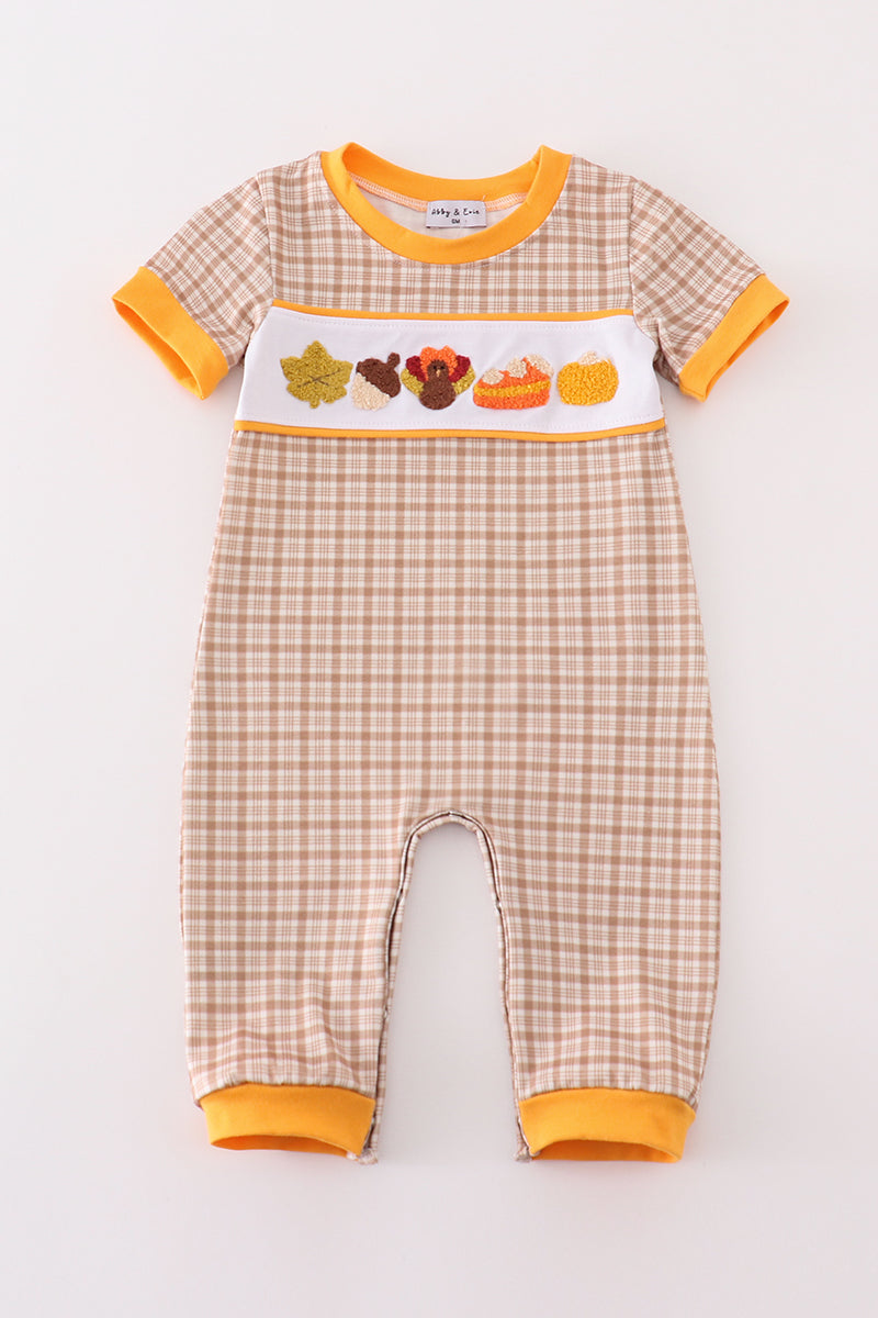 Brown plaid turkey french knot boy romper