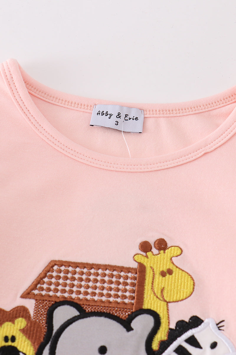 Pink noah's ark embroidery stripe girl set