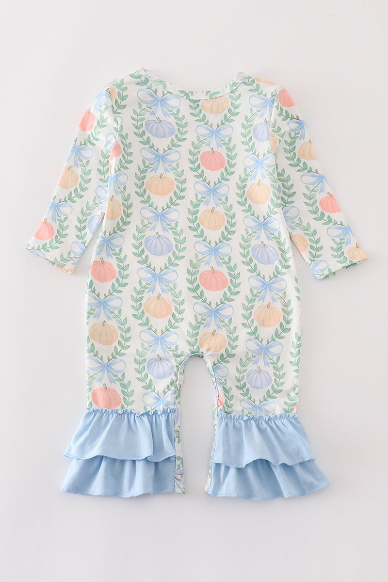 Blue pumpkin print girl romper