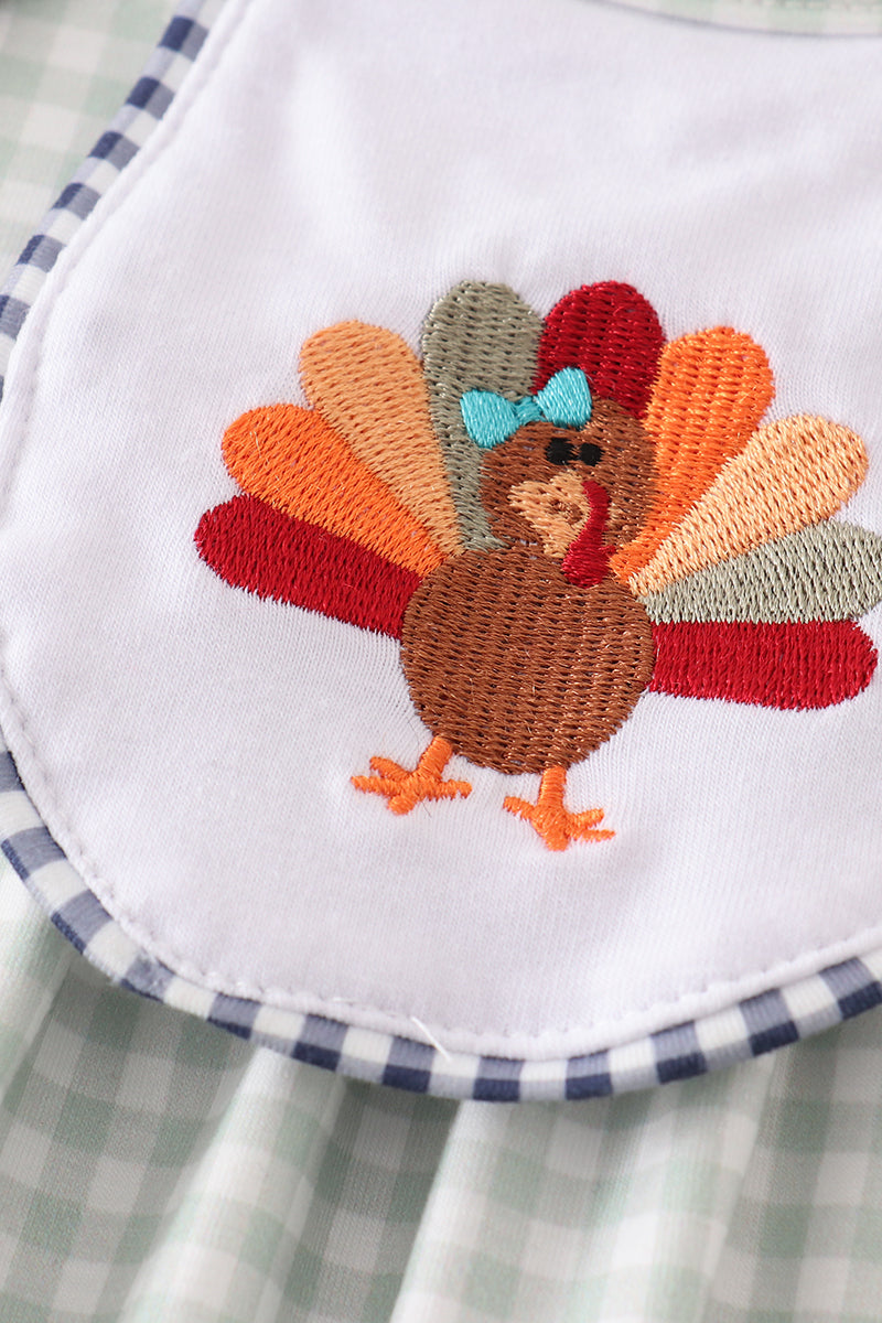 Sage turkey embroidery gingham girl set