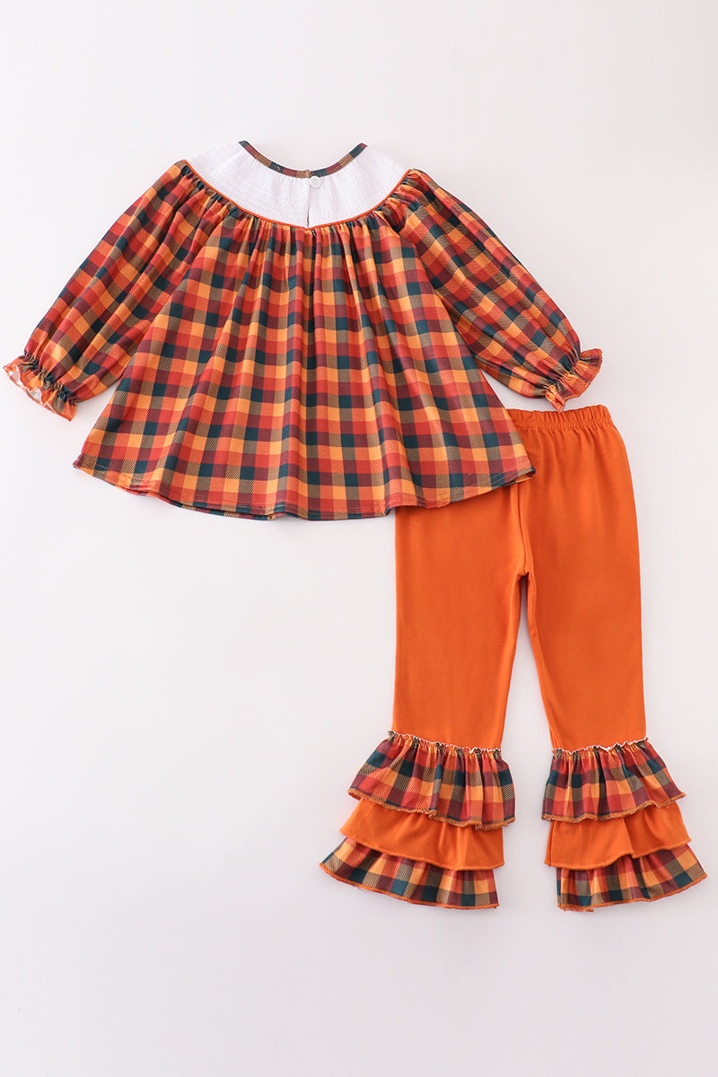 Orange turkey embroidery smocked plaid girl set