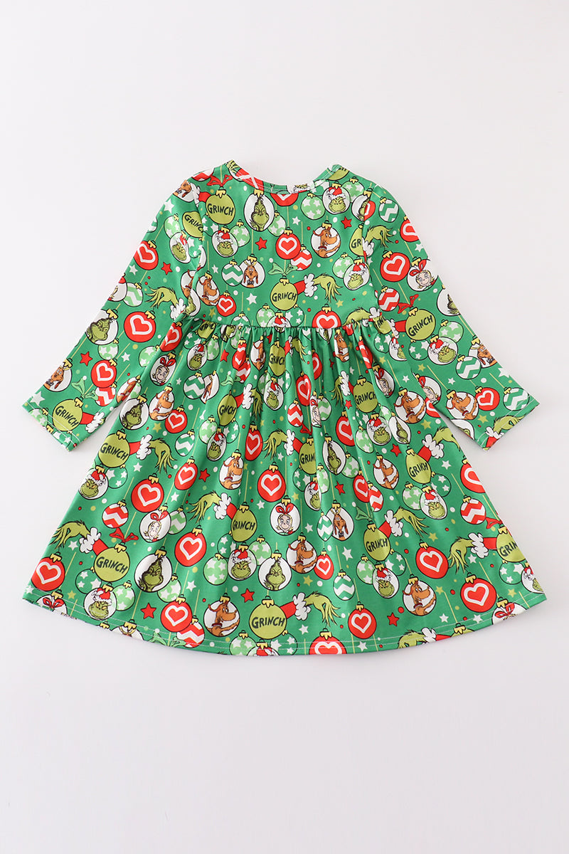 Green grinch print girl ruffle dress