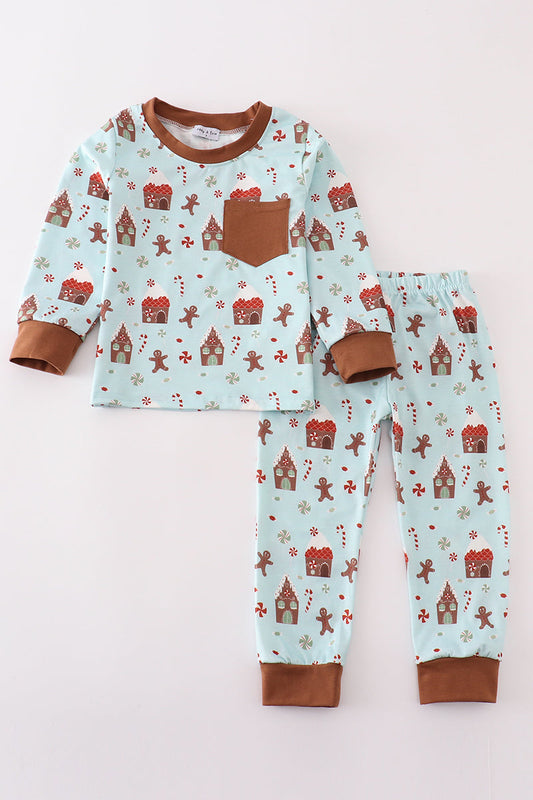 Blue christmas gingerbread boy pants set