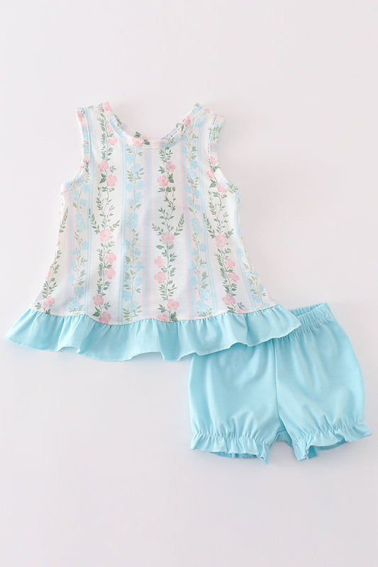 Blue floral print ruffle girl bloomer set