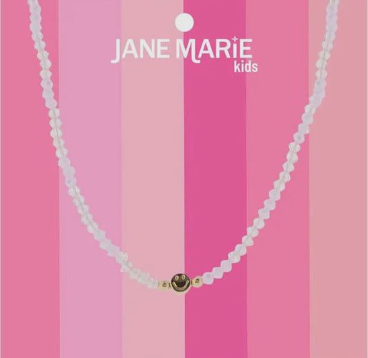 Girls Pink Faceted Beaded Necklace with Gold Smiley Face