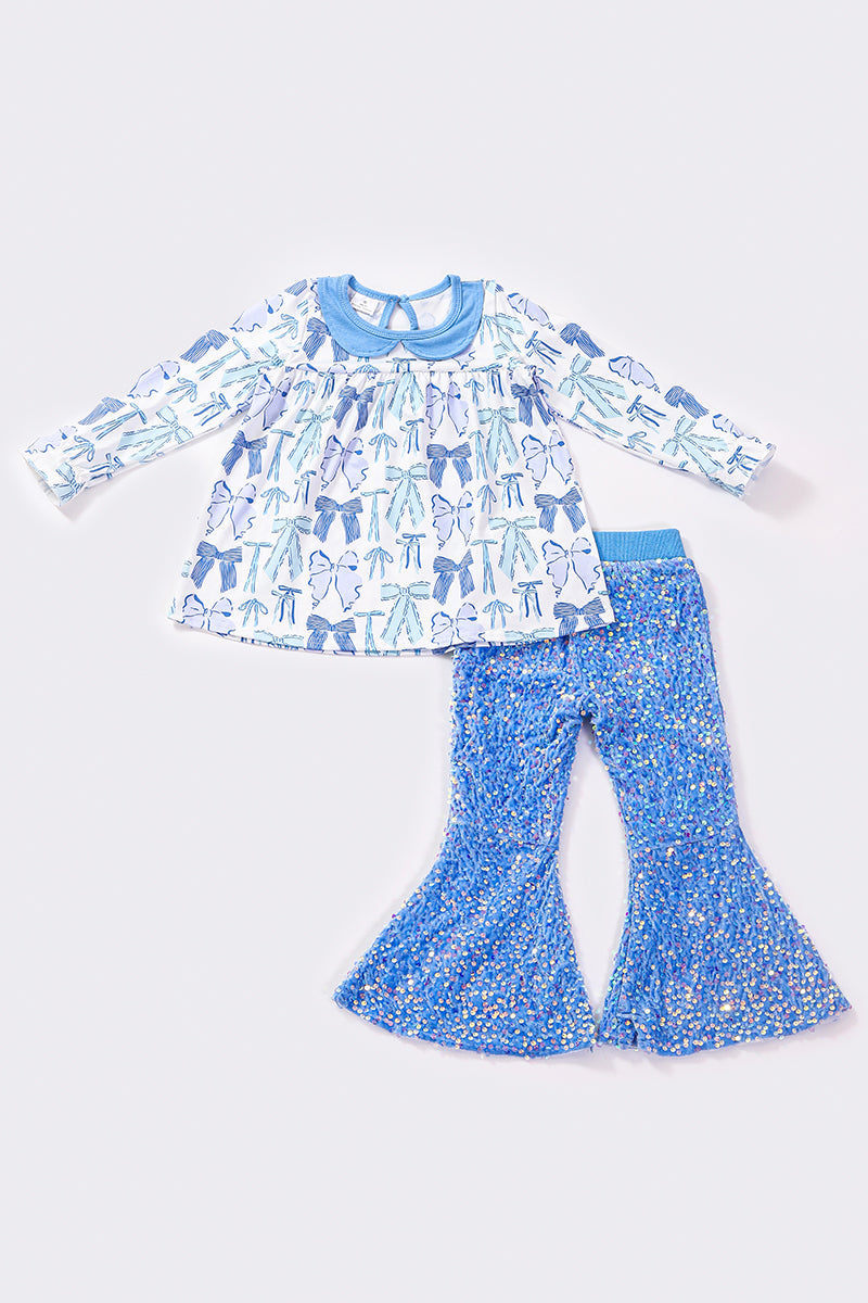 Blue bow print sequin girl pants set