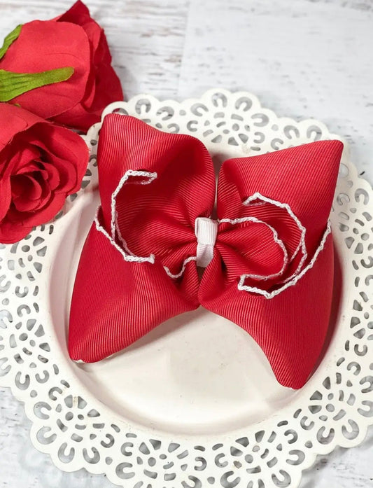 Red and White Moonstitch Bow on Clip
