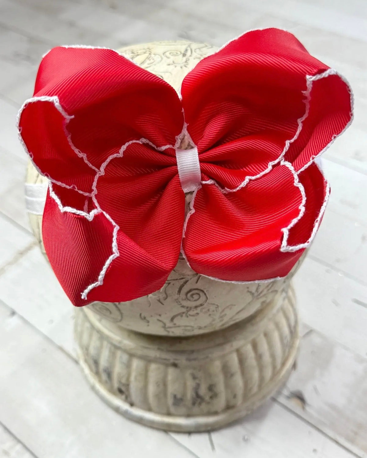 Red and White Moonstitch Headband Bow