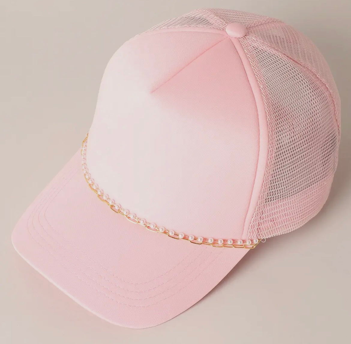 Pink Trucker Hat with Pearl and Gold Chains