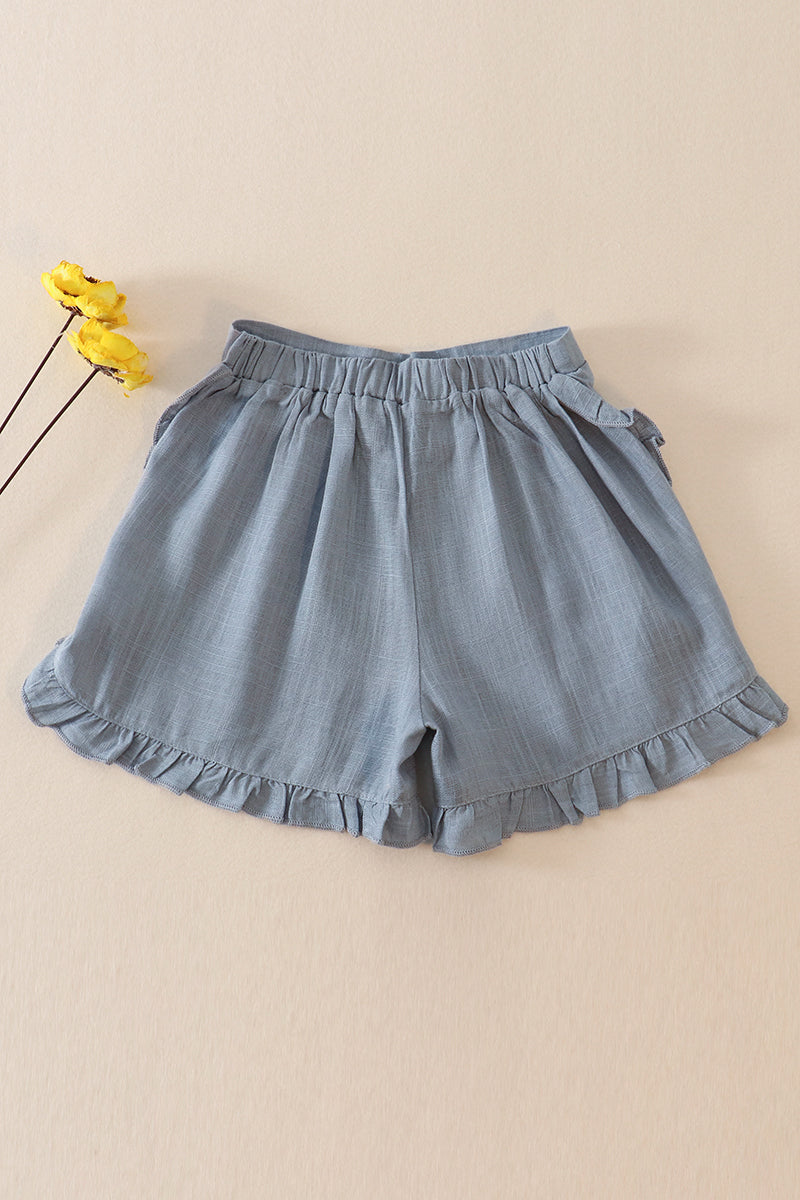 Blue linen ruffle shorts