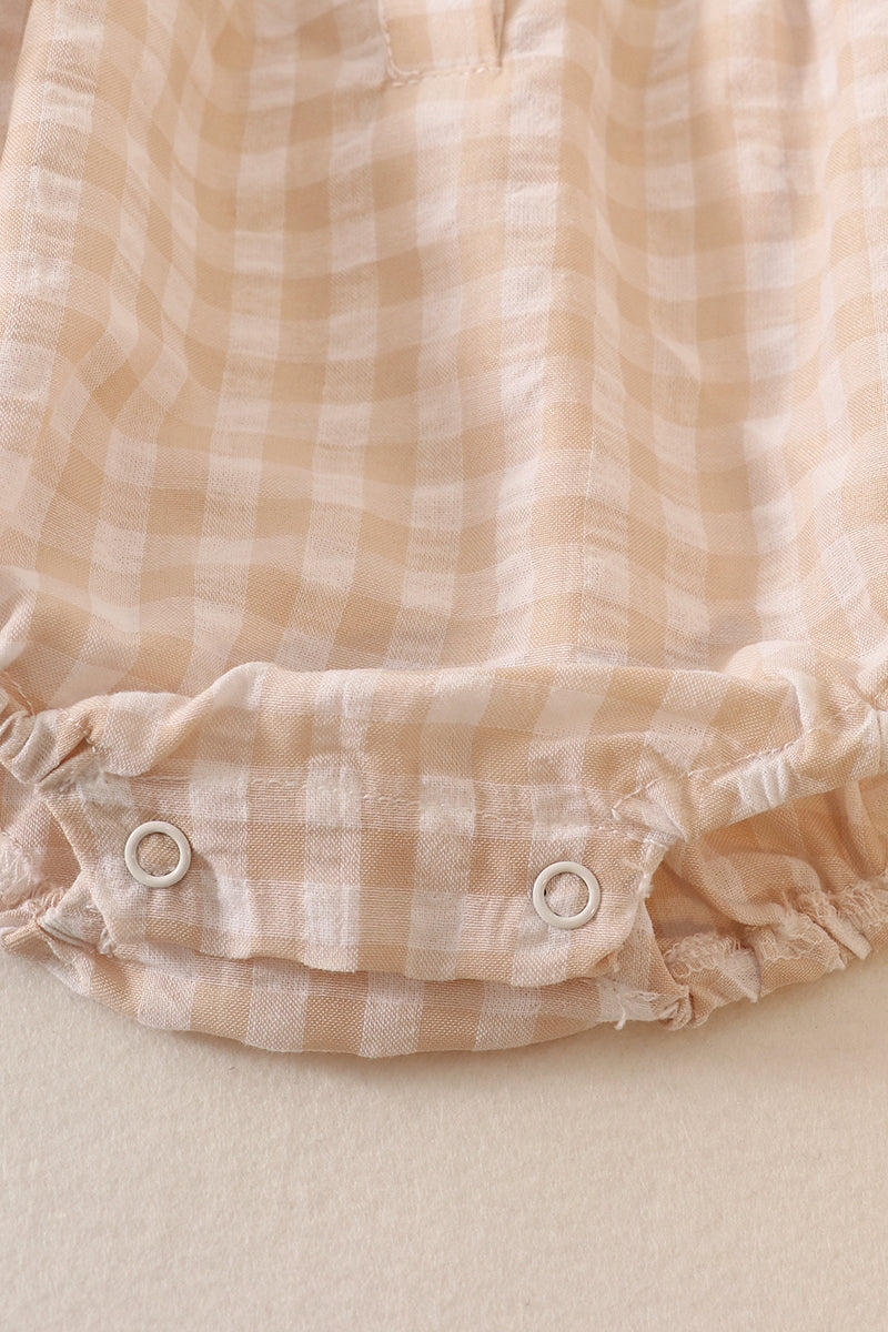 Cream plaid linen button girl bubble