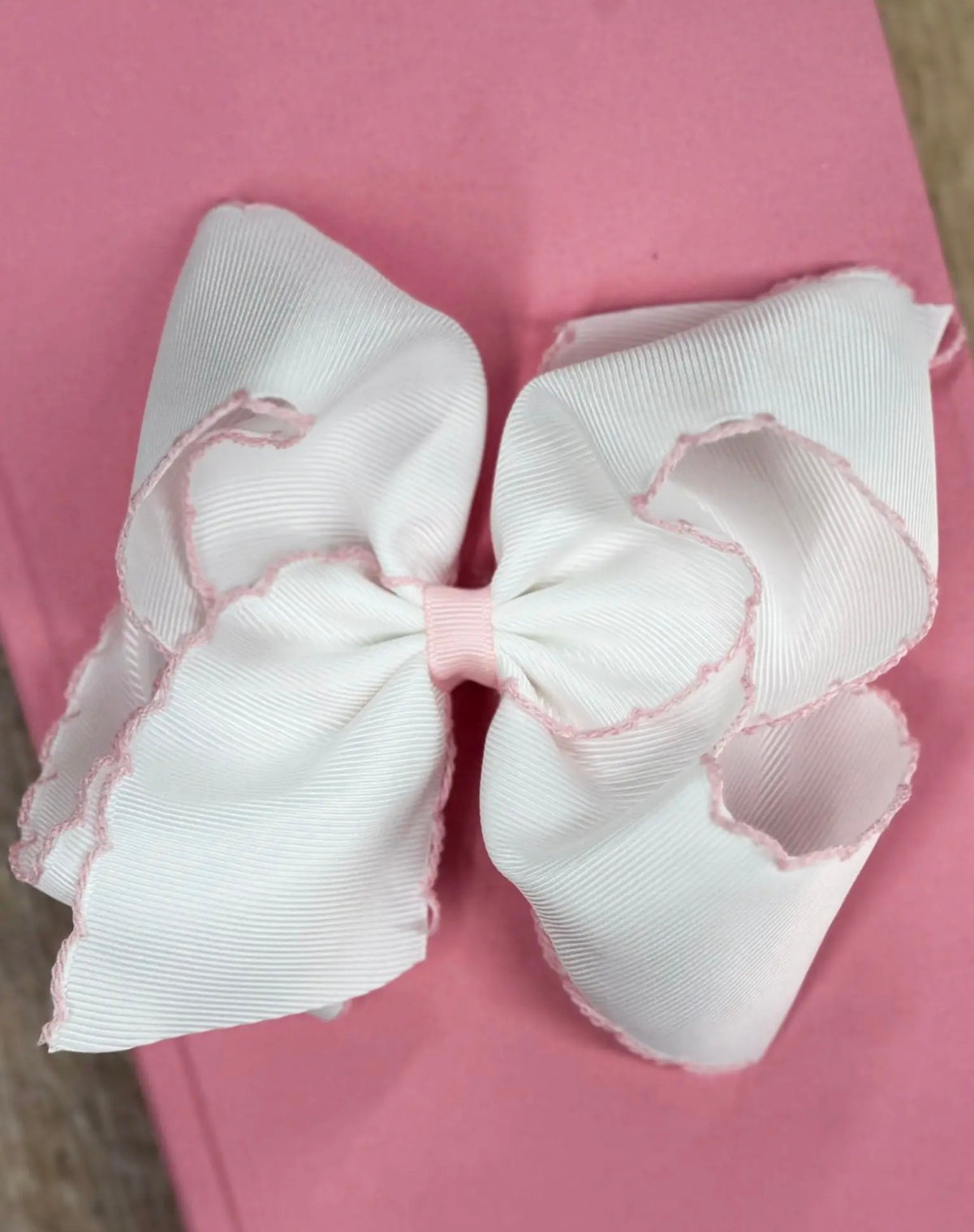 White and Pink Moonstitch Bow on Clip