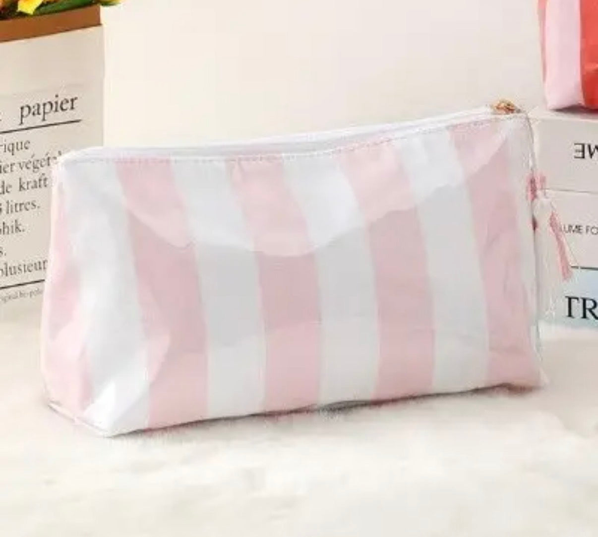 Pink and White Striped Cosmetic Bag