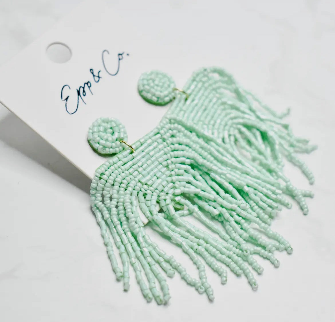 Beaded Fringe Earrings- Mint