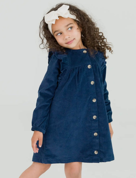 Navy Stretch Corduroy Ruffle Dress