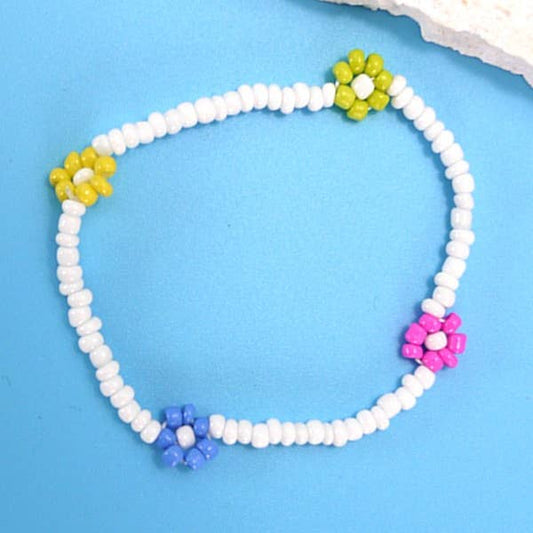 Seed Bead Floral Bracelet - white