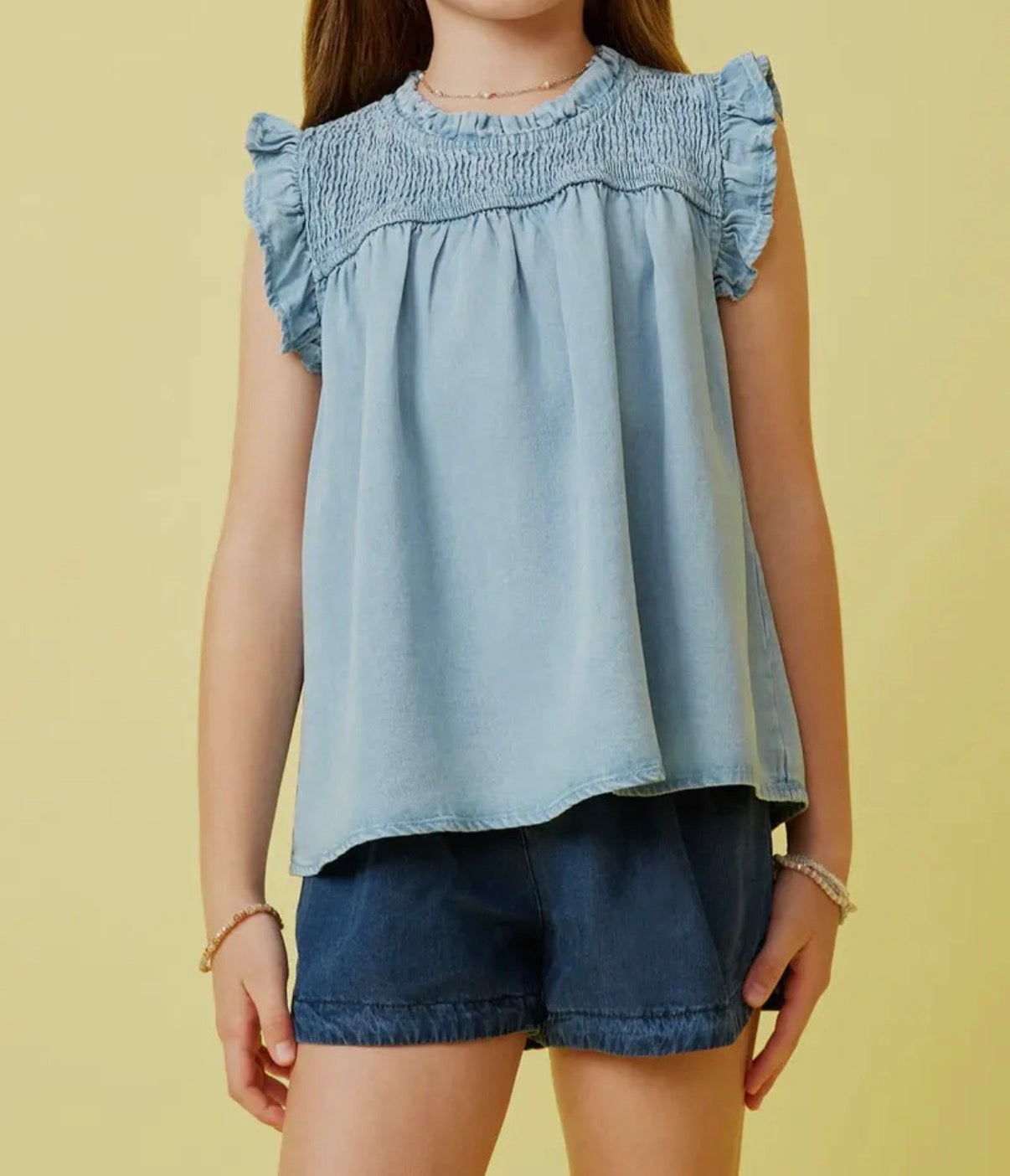 Smocked Denim Ruffle Tank