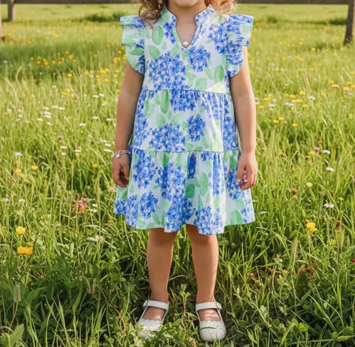 Green and Blue Floral Flutter Sleeve Dress