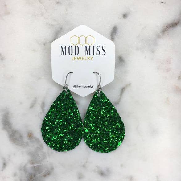 Glitter Green Leather and Canvas Teardrop Earrings