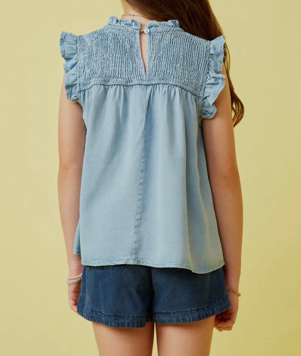 Smocked Denim Ruffle Tank