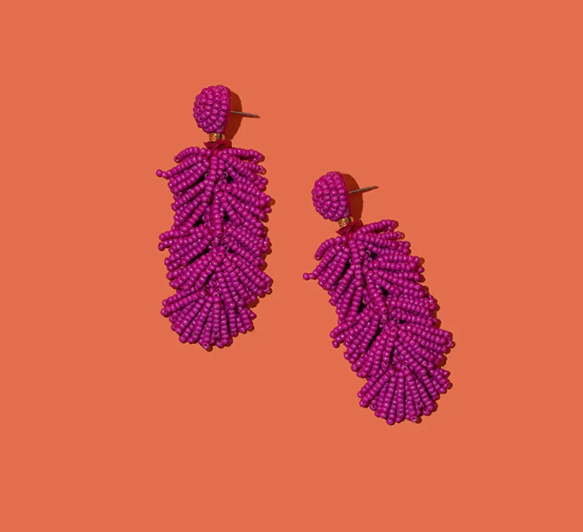 Beaded Tiered Tassel Earrings- Hot Pink