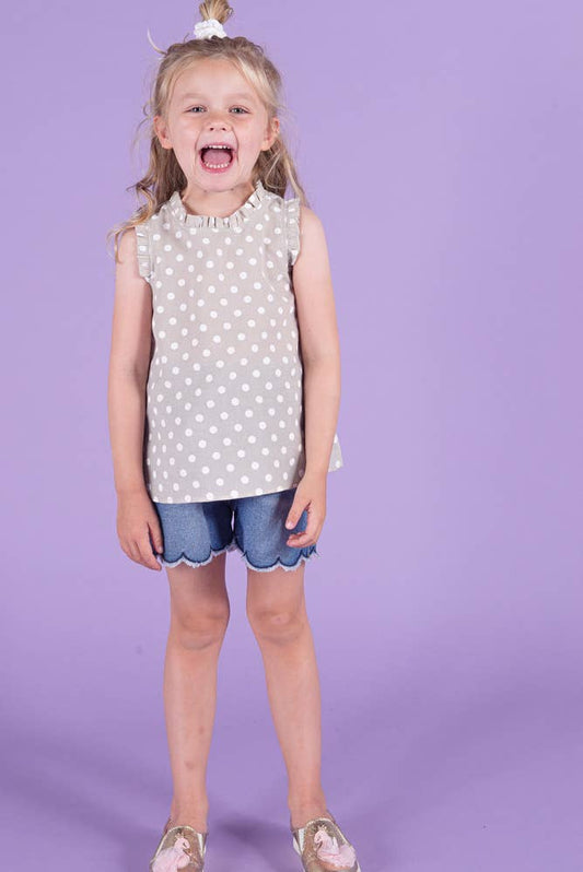 Taupe Woven Polka Dot Ruffle Top