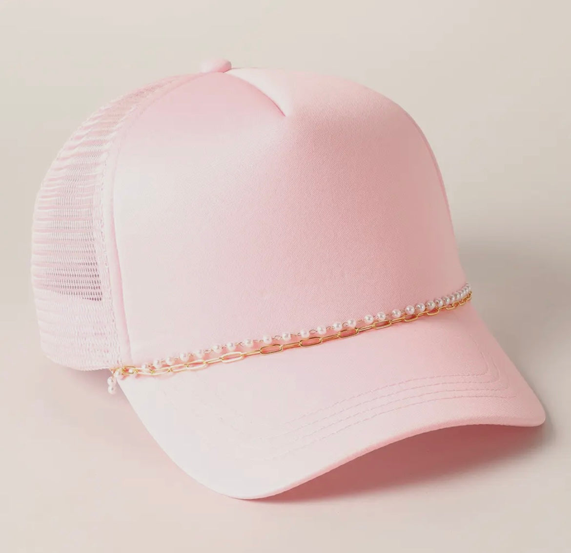 Pink Trucker Hat with Pearl and Gold Chains