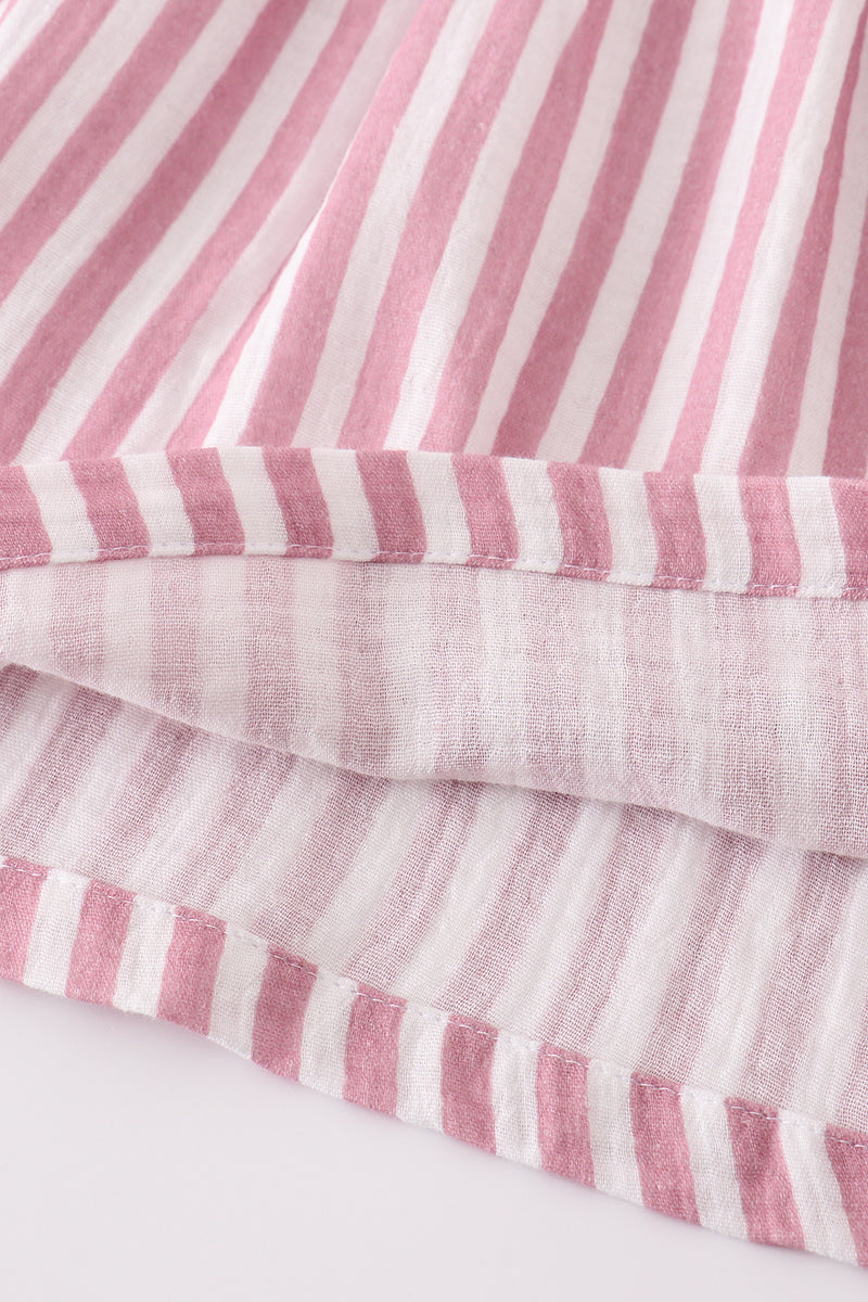 Premium Pink muslin stripe smocked ruffle dress