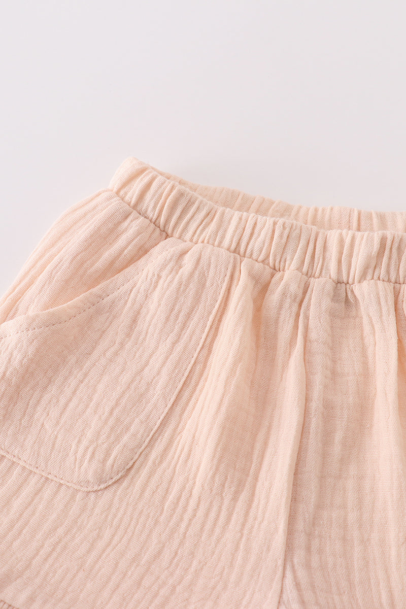 Premium Apricot muslin bow shorts set