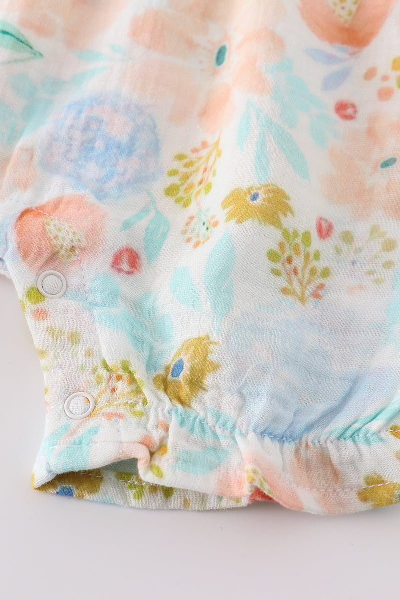 Premium Blue & pink muslin floral ruffle romper