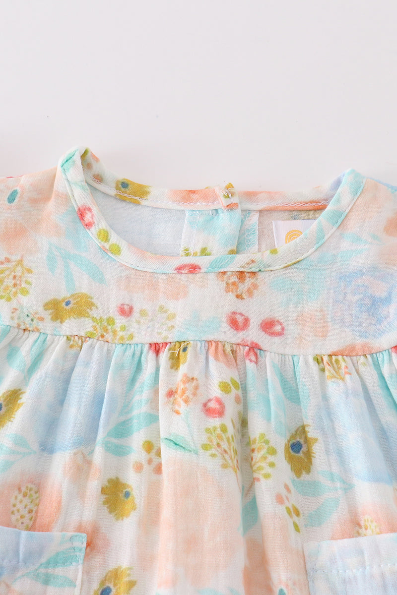 Premium Blue & pink muslin floral ruffle baby set