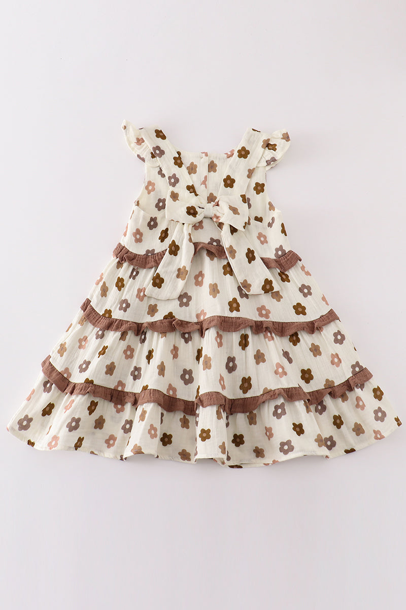 Premium Khaki muslin floral tiered dress