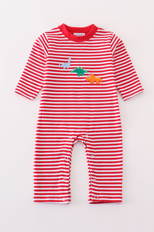 Premium red stripe dinosaur applique girl romper