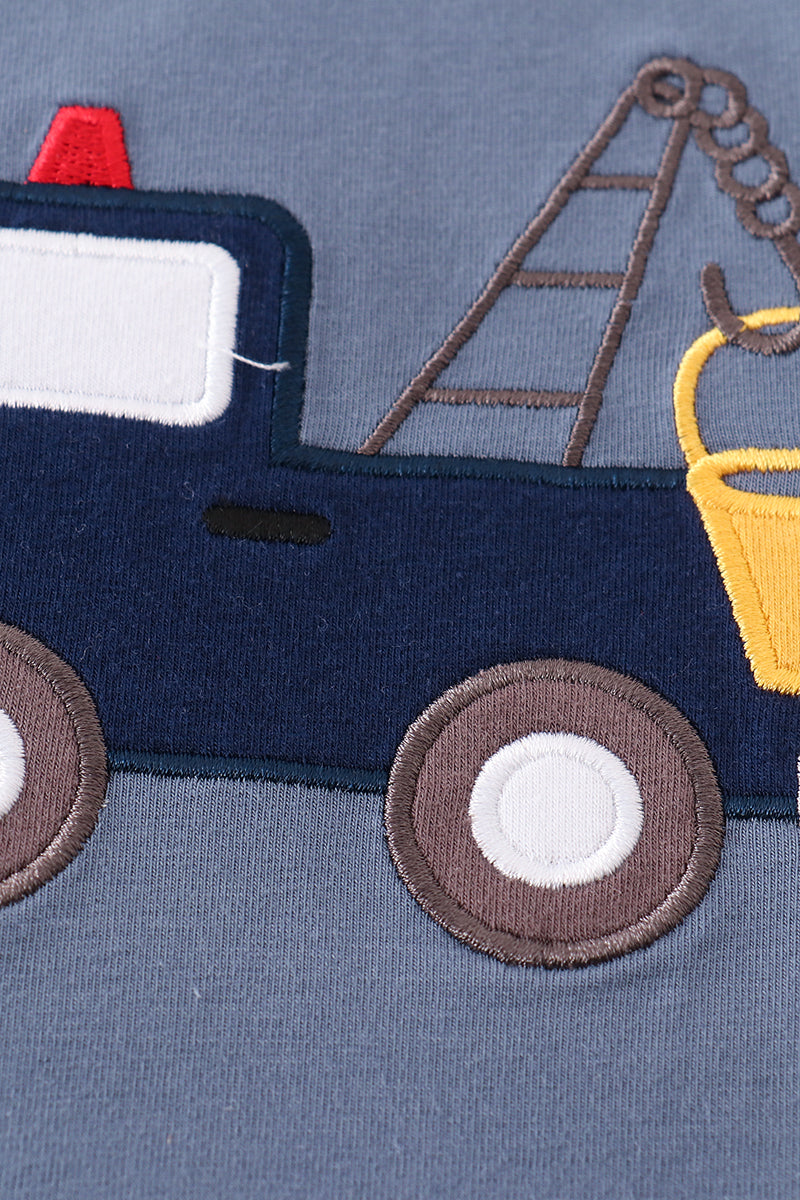 Premium Blue tractor applique boy top