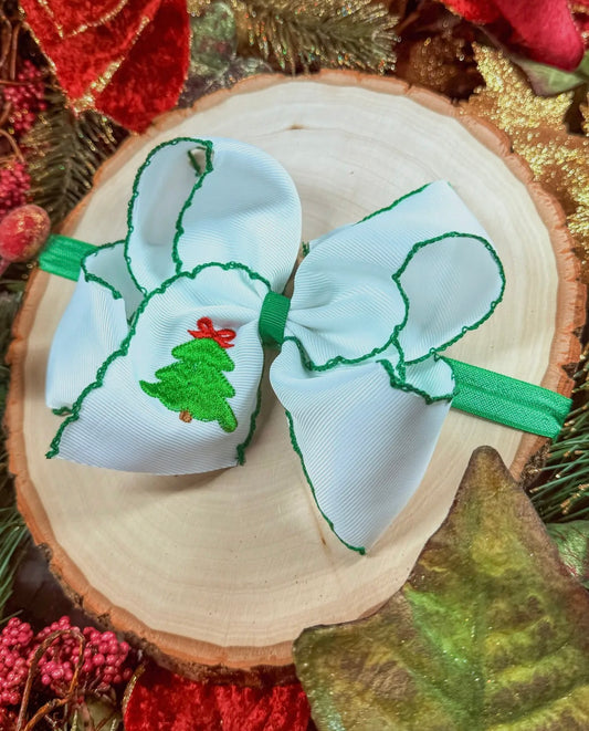 Embroidered Christmas Tree Headband Bow