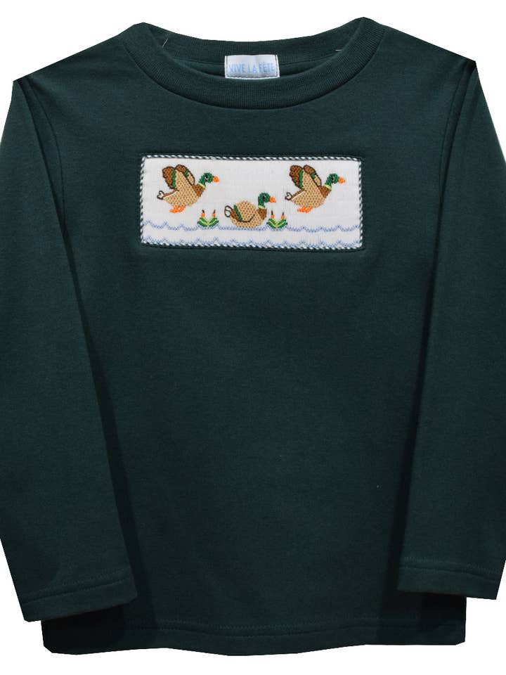 Long Sleeve Smocked Duck Shirt- Hunter Green