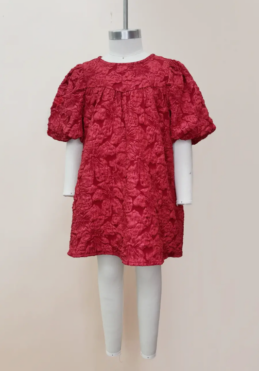 Red Jacquard Balloon Sleeve Dress