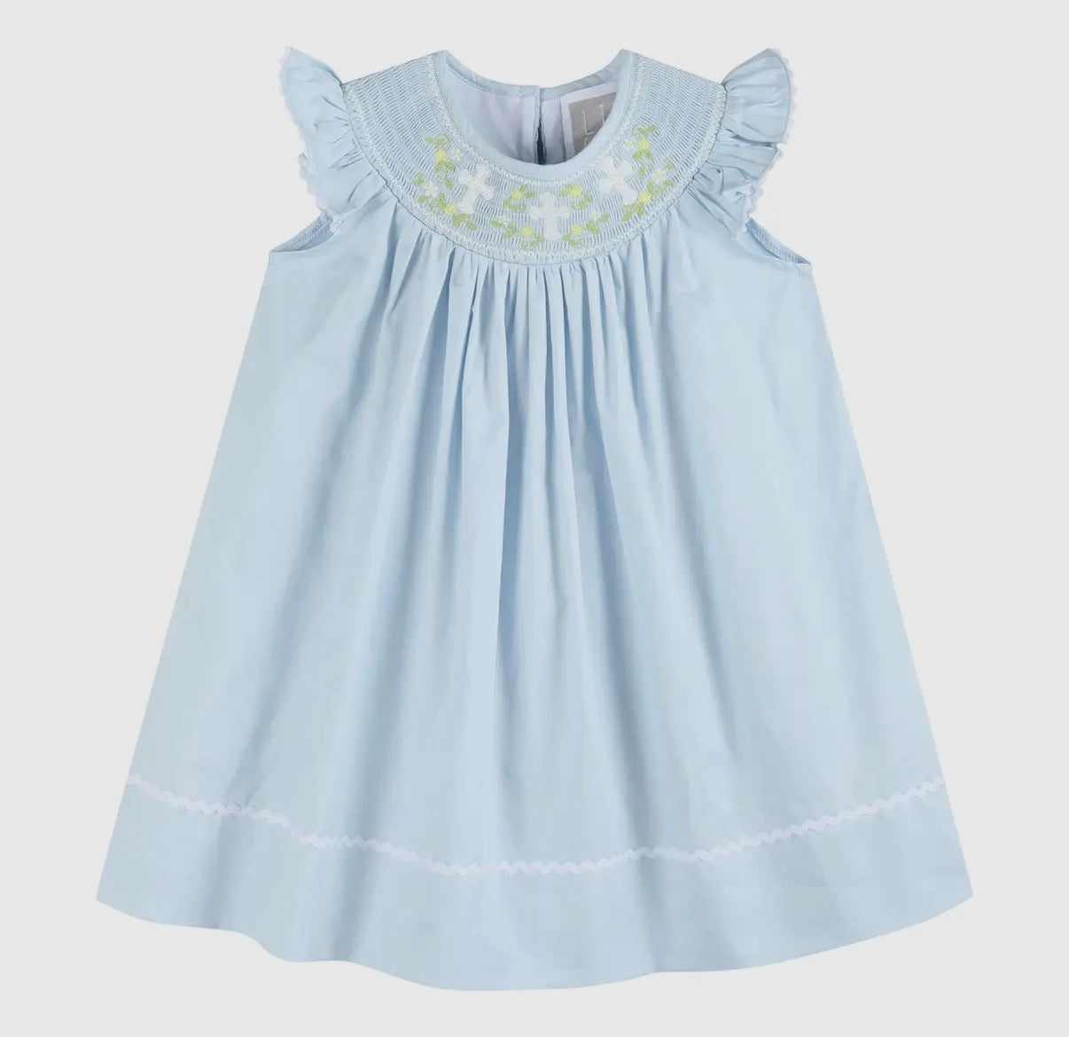 Blue Floral Cross Smocked Bishop Dress