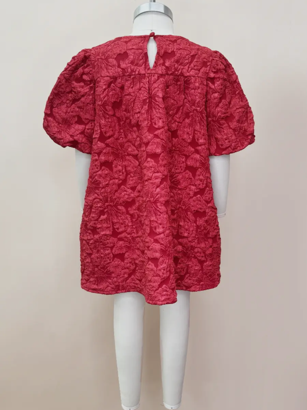 Red Jacquard Balloon Sleeve Dress