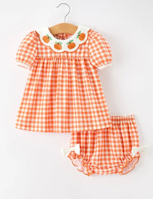 Orange Gingham Embroidered Bloomer Set
